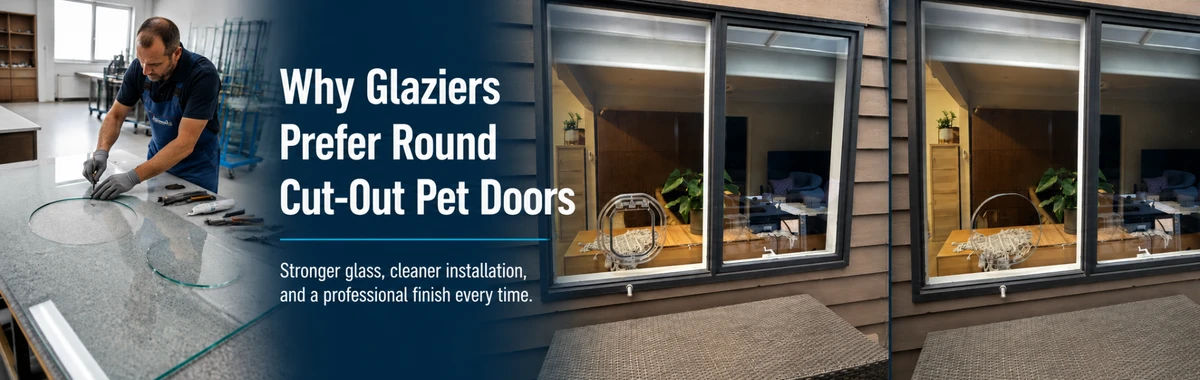 Round cut-out glass fitting pet door installed in a glass panel — Pet-Tek International