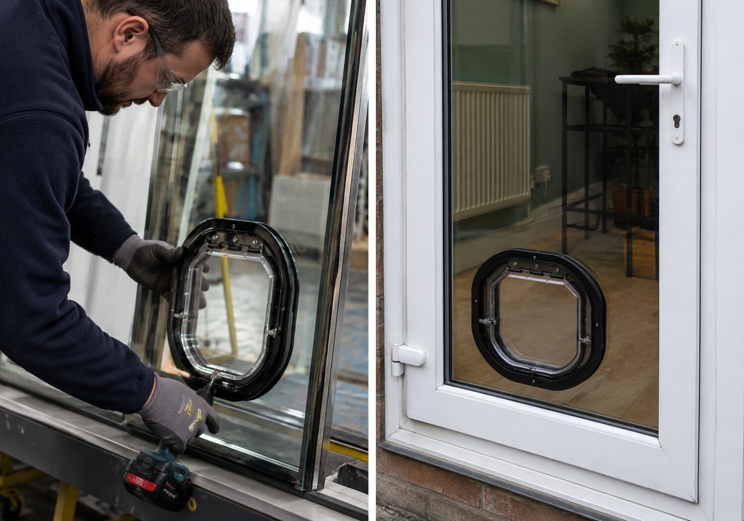 Cat flap installed in double glazed glass panel — Pet-Tek Catwalk glass fitting cat door