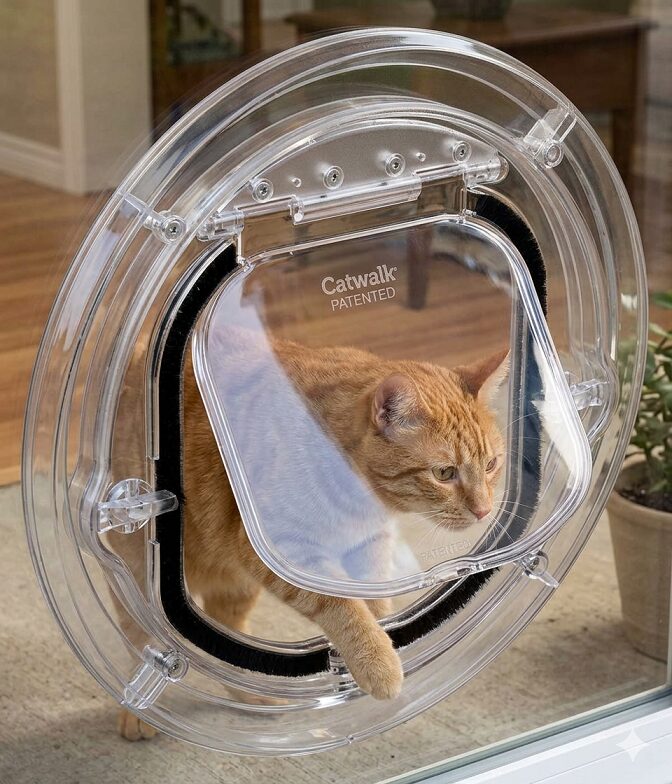 Cat using Pet-Tek Catwalk glass fitting cat door installed in glass panel