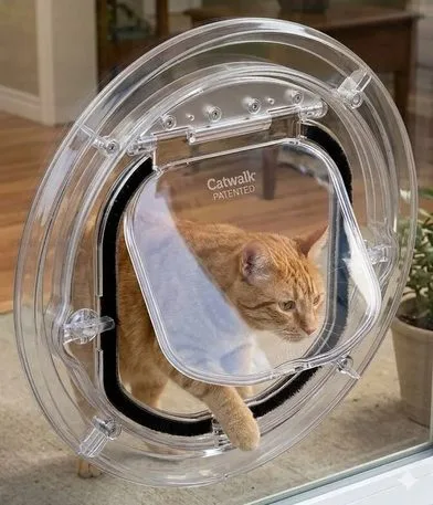 Cat using Pet-Tek Catwalk® glass fitting cat door installed in glass panel