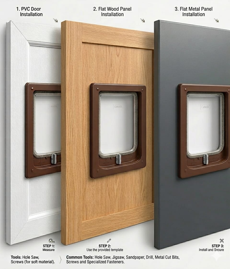 Pet-Tek Catwalk wood fitting cat door installed in a timber door panel